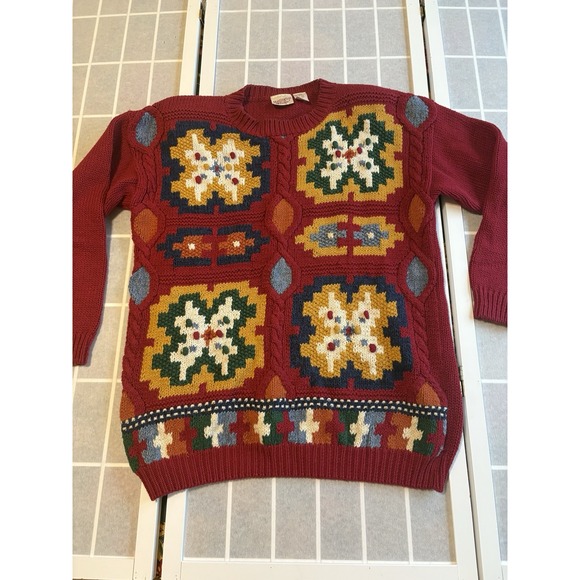 Huntington Ridge Sweaters - Vintage 80s Huntington Ridge Sweater Womens Medium Red Ramie Knit Geometric